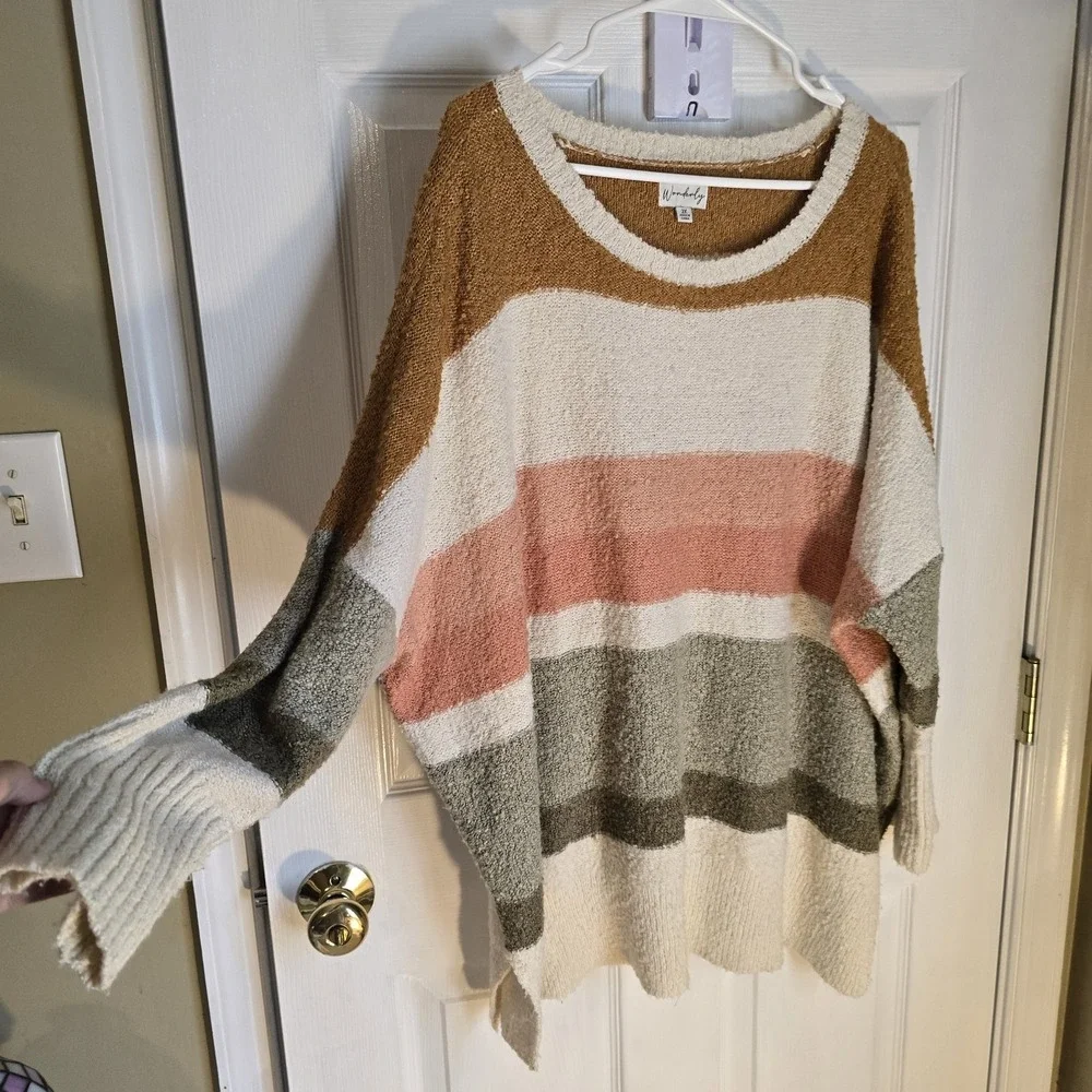 Wonderly Women's Pink Gray Tan Colorblock Long Sleeve Sweater Size 2XL